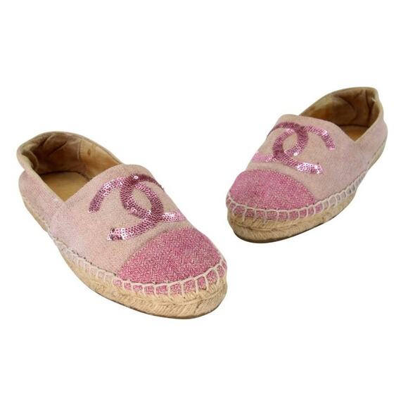 Chanel Espadrille 37 Leather Glitter Fabric Cc Cap Toe Flats CC-0220N-0040 - Picture 2 of 12